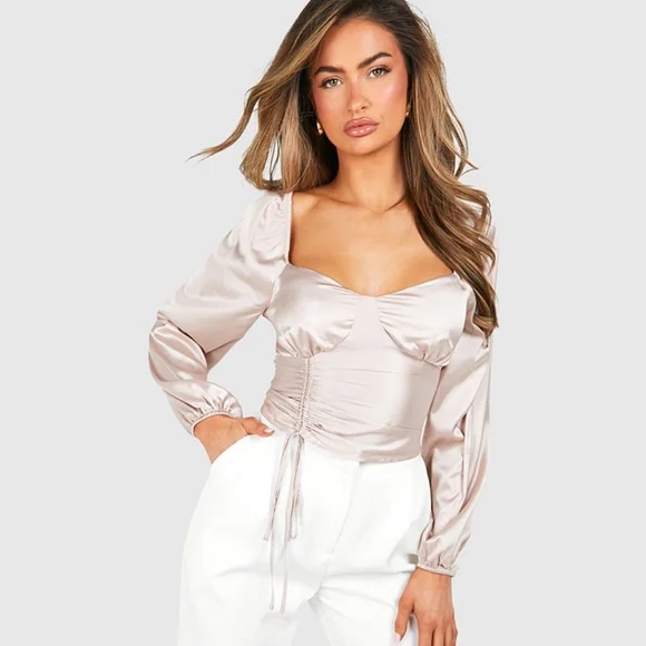 boohoo Satin Ruched Volume Sleeve Corset Top, US size 8 - Picture 1 of 7